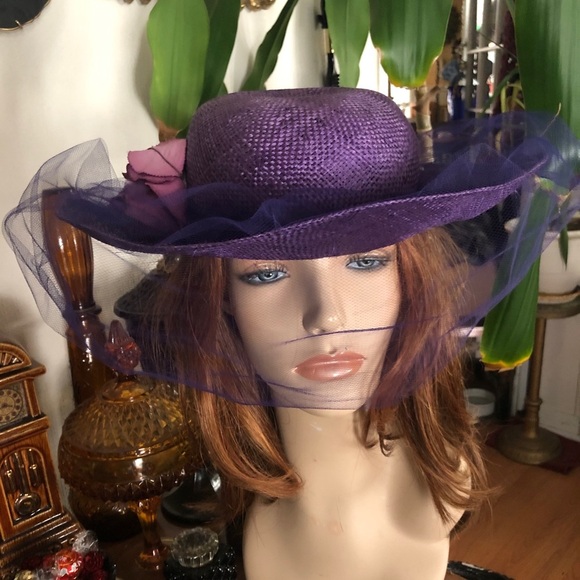 Vintage Wide Brim Purple Straw Derby Hat l main image 11